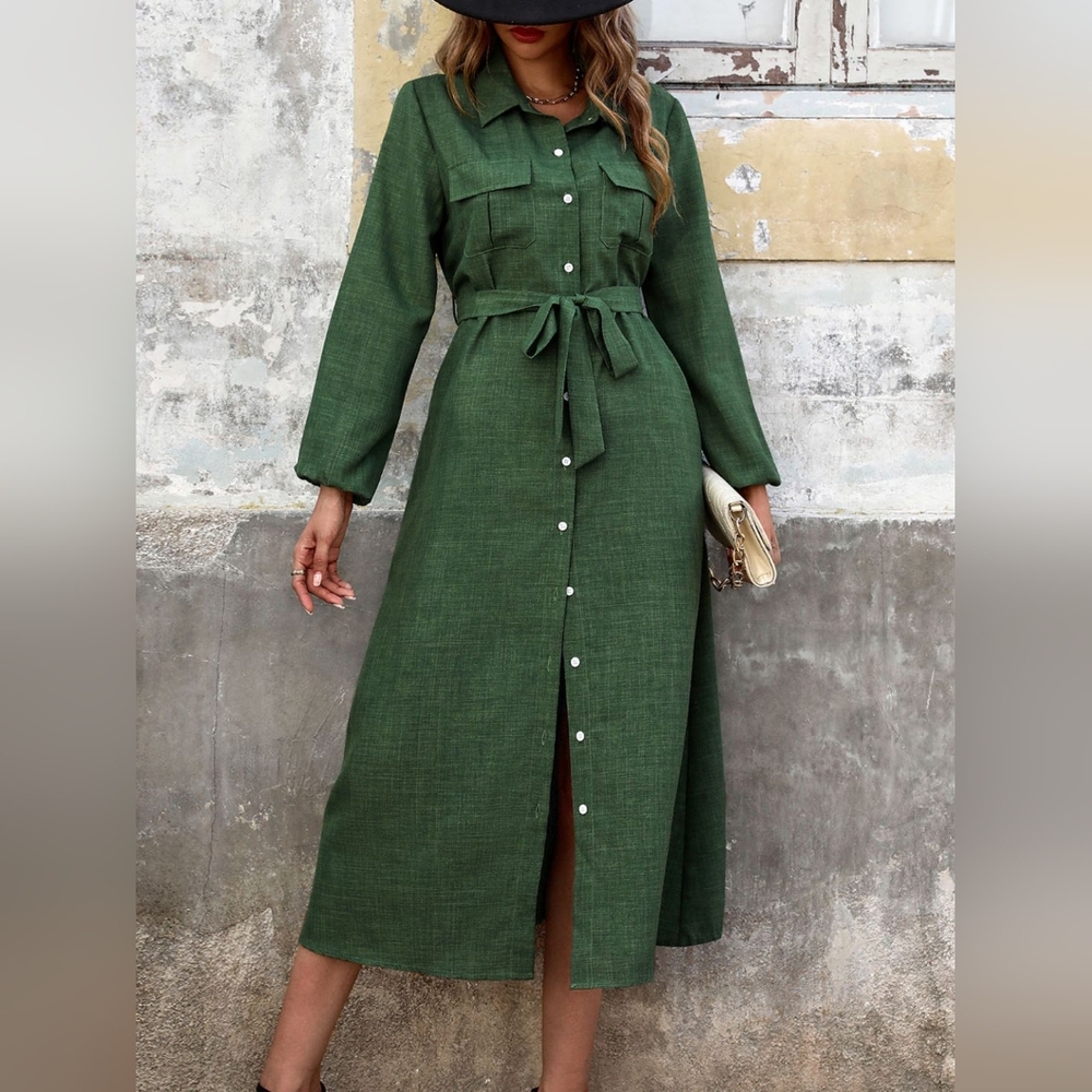 NWT - Boutique - Green Long Sleeve Pocketed Tied Waist Midi Shirtdress - Size M